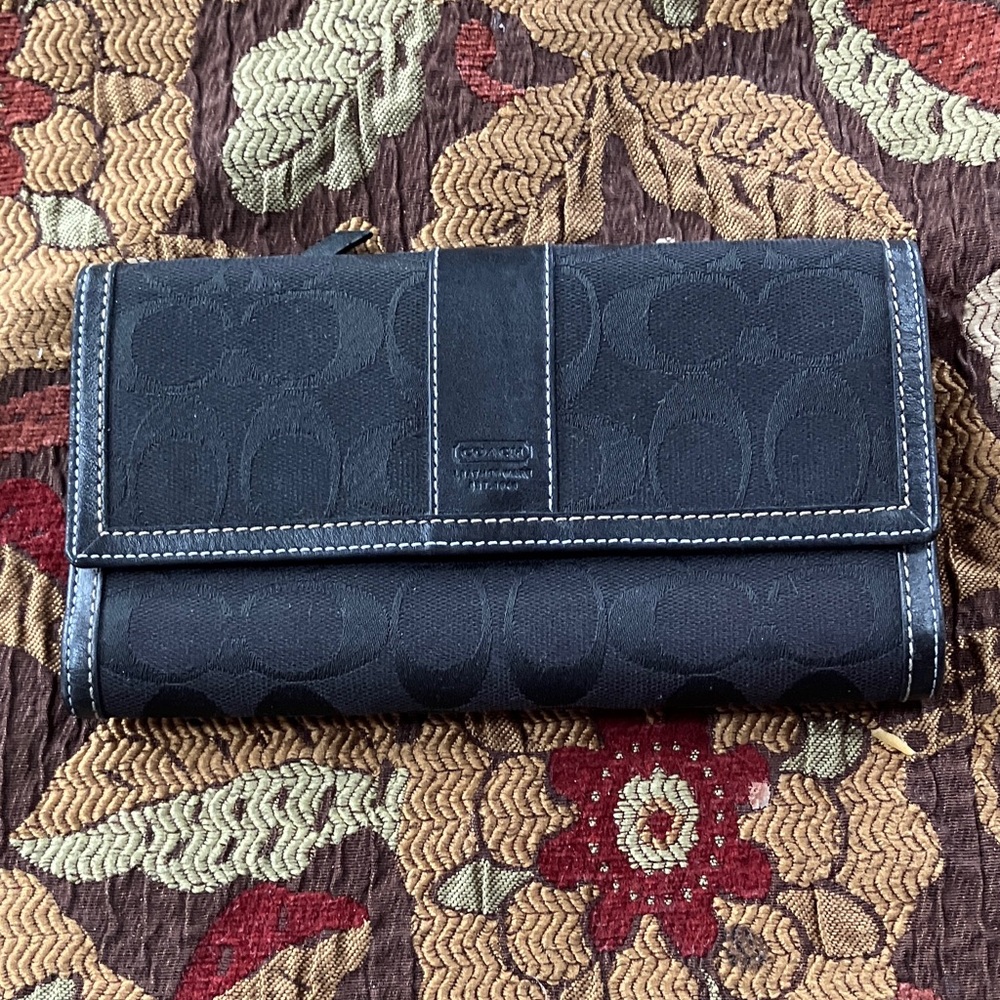 Coach Signature Jacquard Fabric and Leather Trim Checkbook Trifold Wallet.